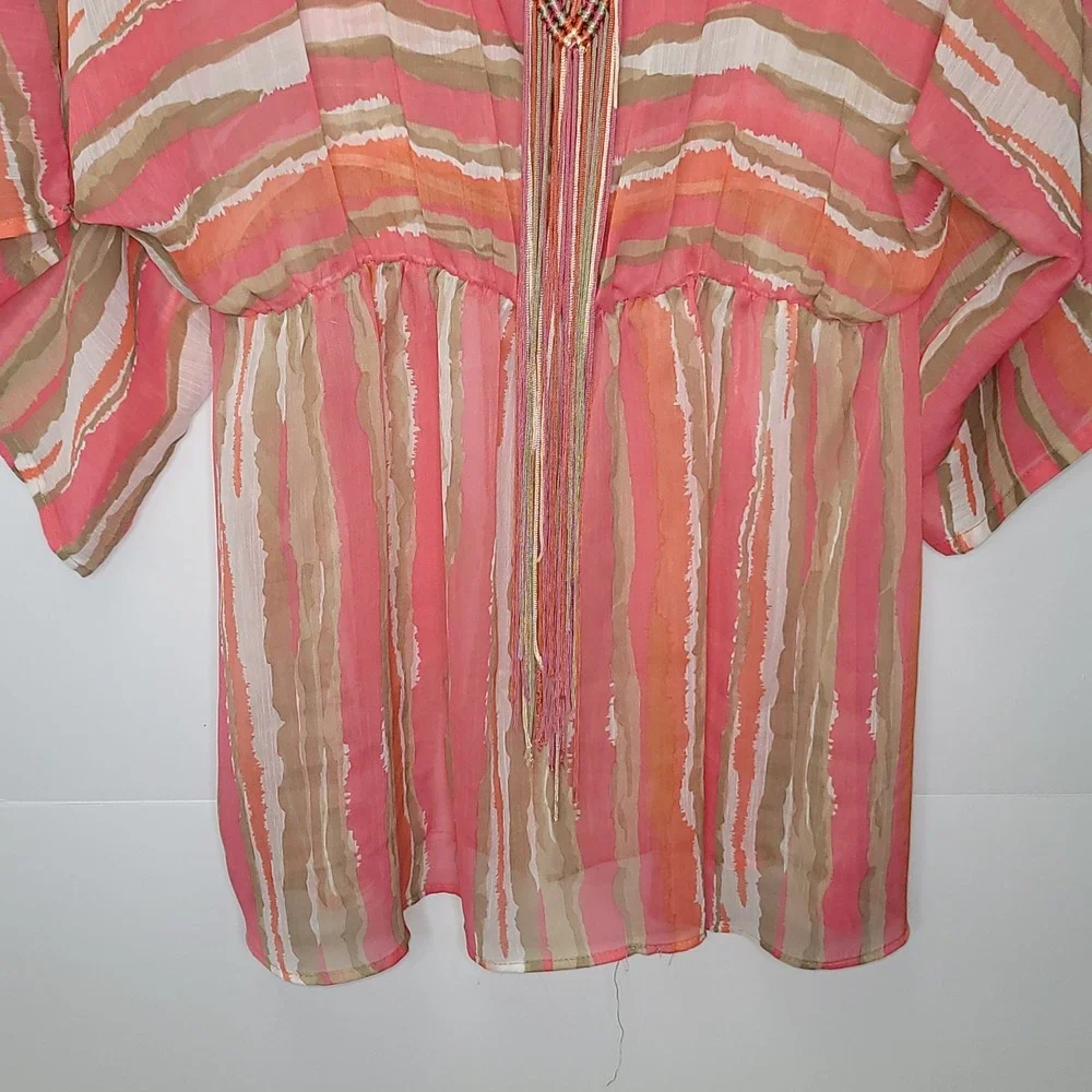 Ashley Stewart Chiffon Tunic 14/16 Coral Aztec Peasant Macrame Boho Beach Resort